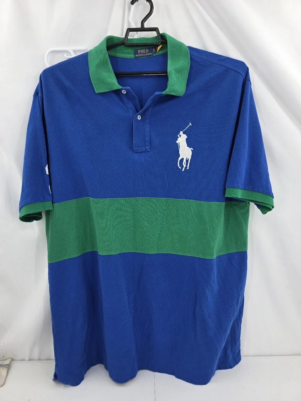 Polo Ralph Lauren Men's Pique Polo Big And Tall 2XLT Green Blue Stripe Big Pony.